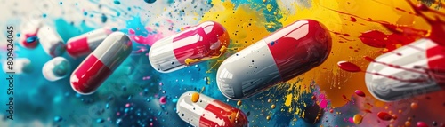 An artistic depiction of pills with paint splashes, illustrating the creative and experimental aspects of drug development