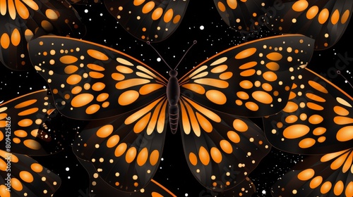 Multiple orange butterflies in mid-flight against a clear background