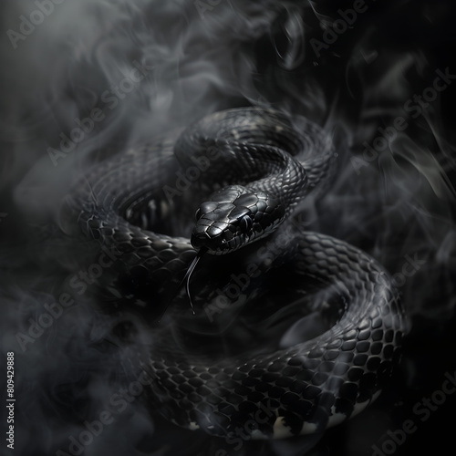 A black snake surrounded by smoke