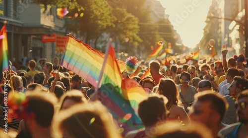 Vibrant and colorful Pride parade scene with a large crowd carrying rainbow flags in a sunny urban setting, celebrating LGBTQ+ unity 