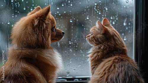 A ginger cat and a dog are sitting on the windowsill and looking outside the window