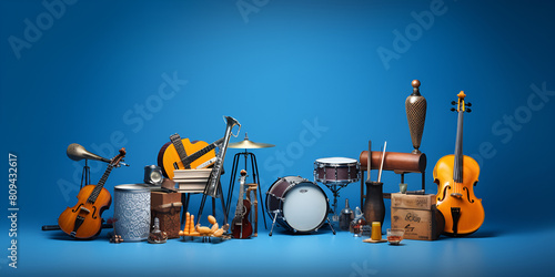 Musical Instruments usic GatewayGroup of Different Musical Instruments on Blue Background, 