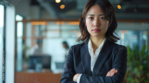 オフィスで腕組みして挑戦的な表情をしている日本人の若い女性、背景おしゃれなオフィスのボケ、日本の企業戦士