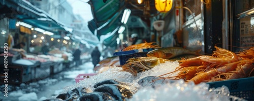 Bustling fish market scene with fresh seafood