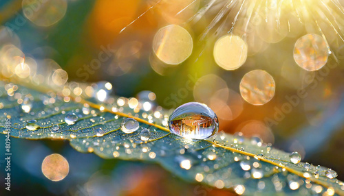 Beautiful water drops sparkle in sun on leaf in sunlight, macro. Big droplet of morning 