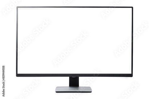 The image shows a generic widescreen computer monitor with a blank white screen. The monitor is black and has a silver stand.