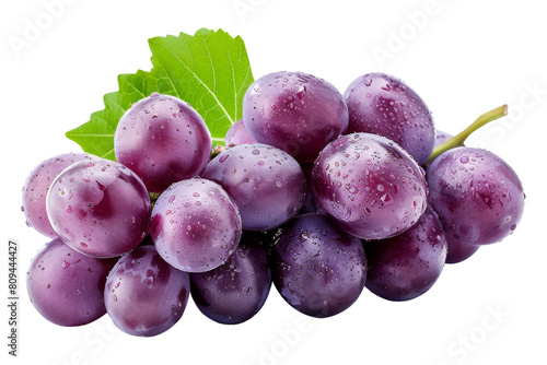 A bunch of ripe juicy purple grapes with green leaves, isolated on transparent background.