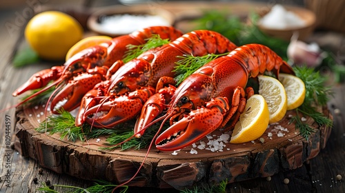 Fresh Lobsters on Wooden Platter with Herbs and Lemon