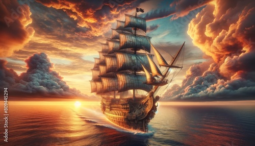 Ancient pirate sailboat sailing in the ocean at sunset.
