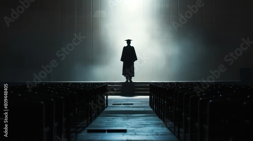 A silhouette image of a graduate standing alone on the empty graduation stage after the ceremony, reflecting on their journey and looking forward to the future with optimism.