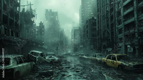 A postapocalyptic city street with destroyed buildings, broken cars, and rubble, appearing dark and gloomy, but with light visible at the end of the tunnel.