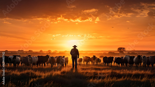 A lonely farmer surveys his cattle on a vast grassland as the sun sets