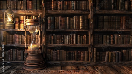 An ancient hourglass with a collection of ancient books in the background