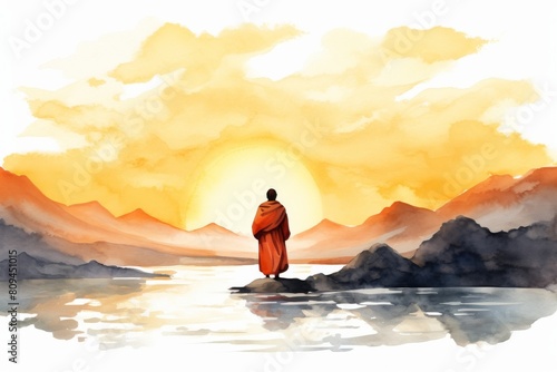 A lone monk in saffron robes, watercolor backdrop of a Himalayan sunrise behind his silhouette