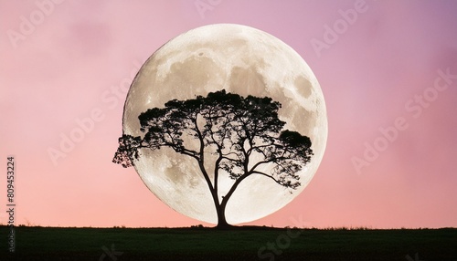 solitary tree standing tall and proud against the enchanting backdrop of a full moon shining brightly in the night sky background