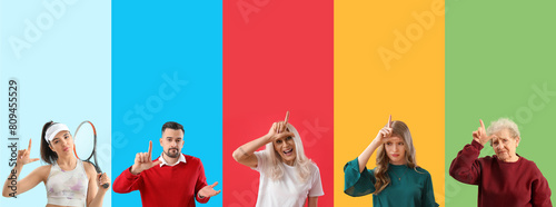 Set of people showing loser gesture on color background