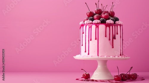  A white cake topped with cherries and drizzled in pink icing sits atop a pristine white cake stand