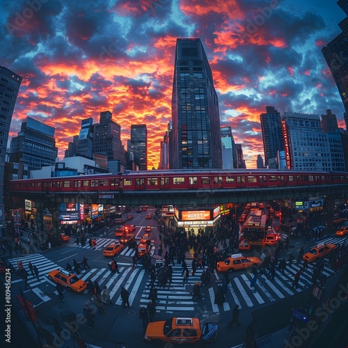 Chaotic Cityscape with Stunning Sunset and Elevated Train Tracks