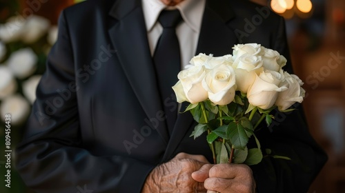 Close up of mature widower in black suit holding whiter roses while standing at his wife funeral
