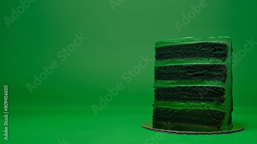  A large green cake sits atop a tablecover-draped table, its place set firmly on a plate