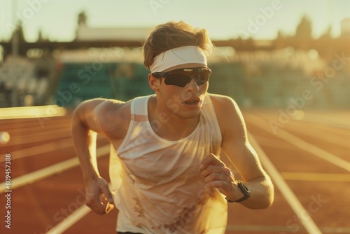 Blind athlete competes in a track race, running independently with determination