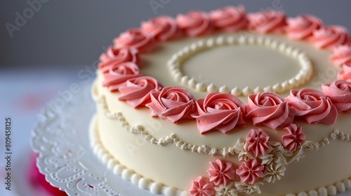  white surface dotted with pink frosting flowers Placed on a pristine white plate, a doily encircles its edges