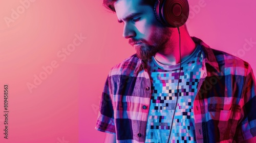 Unique Design on Man s Shirt A man in headphones with distinct shirt design in pixel art
