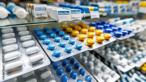 Pharmacy with shelves, with different types of pills. pharmaceutical industry, rising prices of drugs, drug production, shortage of drugs in pharmacies