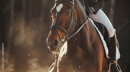 Equestrian sport. Portrait of a dressage horse in training, front view. Sports stallion in the bridle.The leg of the rider in the stirrup, riding on a horse.