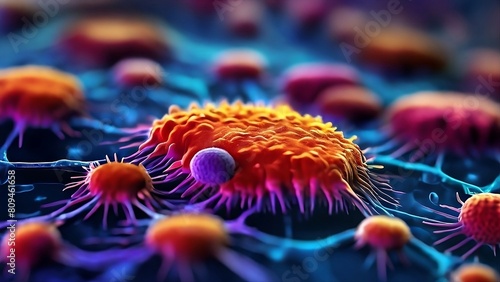 มุมมองของเซลล์แบคทีเรียด้วยกล้องจุลทรรศน์ มีรายละเอียดสูงและสมจริง เมื่อมองผ่านเลนส์กล้องจุลทรรศน์อันทรงพลัง พร้อมสีสันสดใสแสดงโครงสร้างของเซลล์