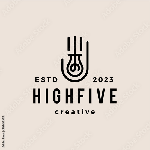 hand bulb lamp high five idea think hipster vintage logo vector icon illustration