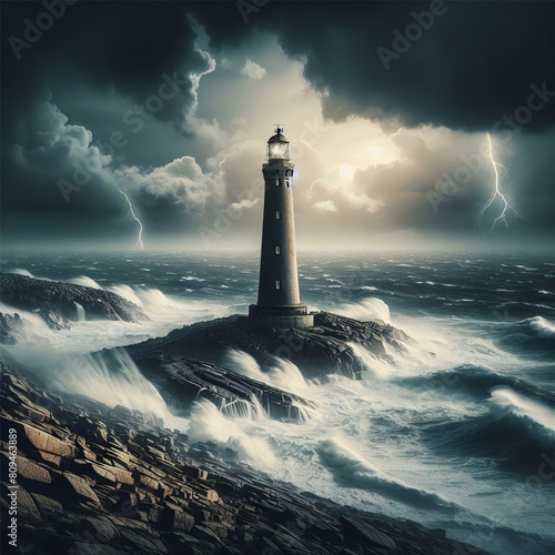 Coastal Harmony: Lighthouse Standing Tall During a Storm