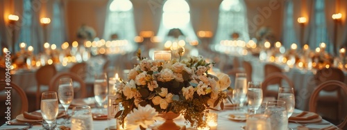 A beautifully decorated wedding reception hall with long tables, elegant centerpieces, and soft candlelight.