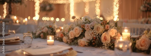 A beautifully decorated wedding reception hall with long tables, elegant centerpieces, and soft candlelight.