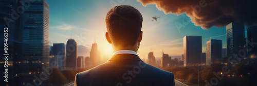 Silhouette of business man looking at the city from the rooftop. Happy wealthy rich successful indian business man standing in big city modern skyscrapers street on sunset thinking 