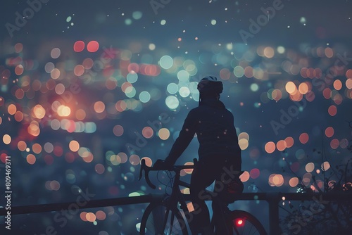 A cyclist paused at a city overlook at night, the cityscape lights merging into a brilliant bokeh