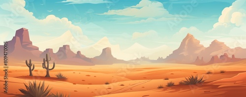 An illustration of a desert landscape with cacti and mountains in the background.