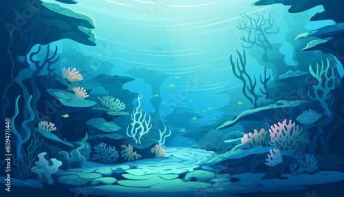 Underwater scene with various kinds of coral and fish.