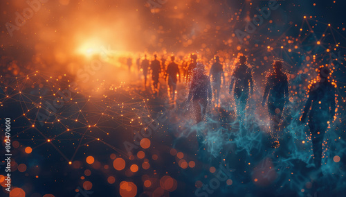 A field of people connected in glowing connections, with orange and red hues, representing the power to connect people in digital space. Created with Ai