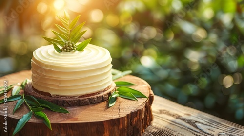  A tight shot of a cake atop a weathered wood table, adorned with verdant foliage crowning its peak
