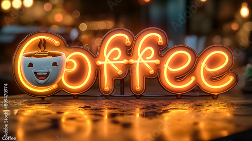 Coffee name board made of very beautiful neon light. A billboard lit up at night.