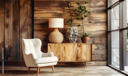 Armchair and wooden cabinet near wooden planks paneling wall. Loft interior design of modern living room, home.