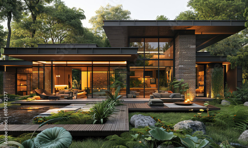  Modern house in the forest, modern style with glass and dark wood walls, large windows overlooking nature, greenery around, wooden terrace for outdoor living space. Created with Ai