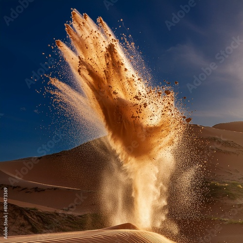 springs in the desert,explosive force of sand splattering and dust exploding,