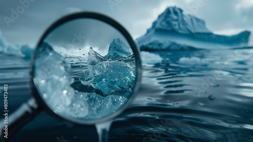 A close-up view of a melting iceberg with a magnifying glass focusing on a single droplet of water falling into the ocean.