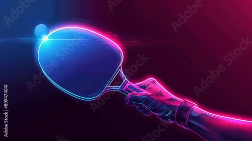 A neon vector illustration depicts a hand holding a ping pong racket and striking a ball.