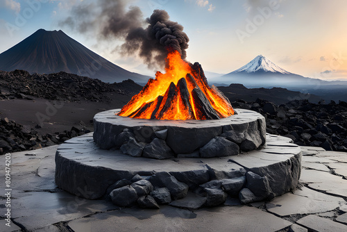 A rock podium with background erupted with fiery lava spewing into the ash-filled sky.dramatic magma display, 3d illustration