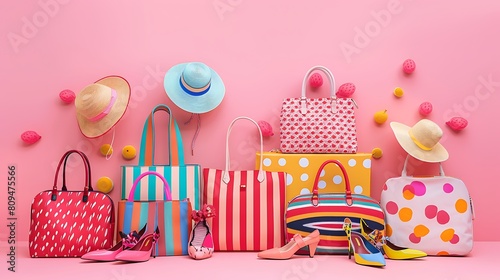 A collage of patterned handbags, from polka dots to stripes, paired with a set of candy-colored platform heels and a chic sun hat, against a pastel pink background