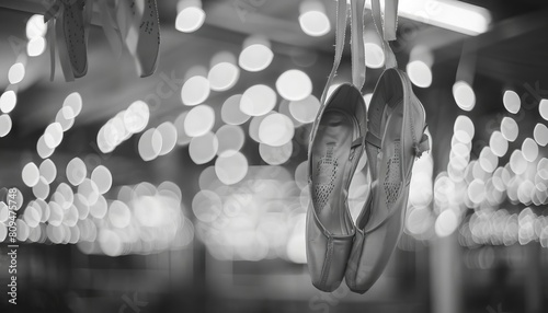 A pair of ballet slippers hanging, with a dance studios mirrors creating a reflective bokeh