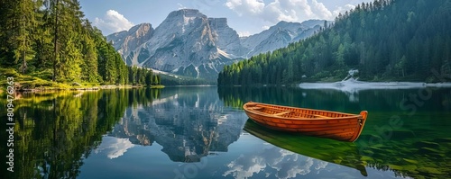 A picturesque mountain lake reflecting the surrounding pine forests and peaks, a lone rowboat resting on the shore